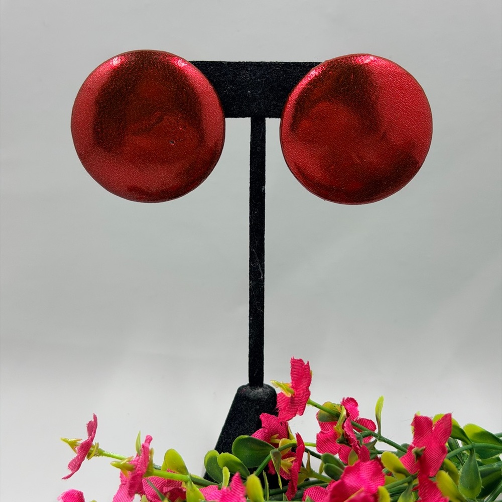 Vintage Bold Red Satin Finish Button Stud Earrings
